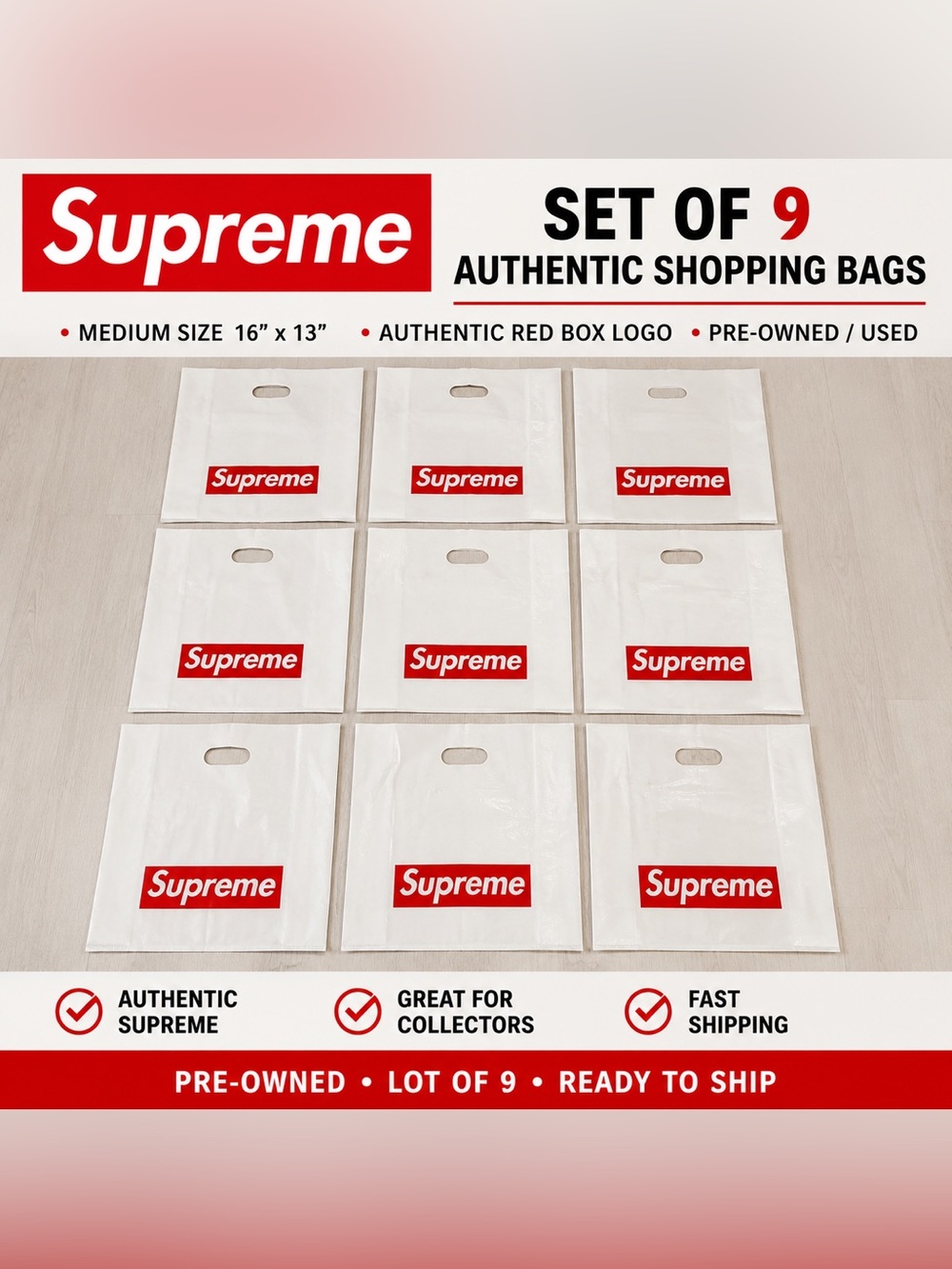 Set of 9 Supreme Medium Plastic Shopping Bags 16”x13” Authentic Red Box Logo